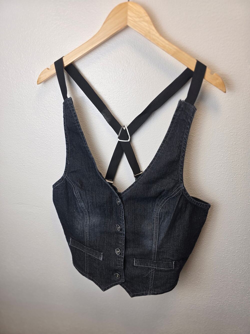 Vintage Y2K Hot Kiss Denim Corset Vest XL Suspender Straps Dark Wash Goth
